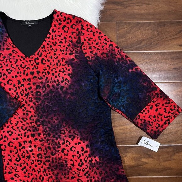 Calessa Women's Size 3X Leopard Animal Print Tie Dye Pocket V Neck Tunic Top - Picture 3 of 11